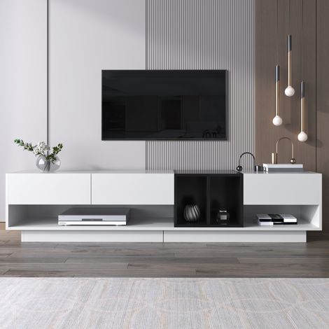 Meuble TV bas contraste blanc haute brillance et noir, meuble multimédia salon avec 3 tiroirs et 2 niches ouvertes, design contemporain aux lignes épurées (1/4)