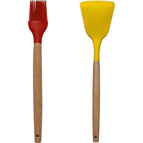 Ensemble Ustensiles Cuisine Silicone - Manche Bois Résistant Chaleur - Pour Casseroles Antiadhésives - Lot De 2 Pièces (1/5)