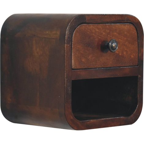 Table de chevet extra mini en bois massif, courbée, aspect châtaignier, avec 1 tiroir et étagère ouverte, marron foncé (1/5)