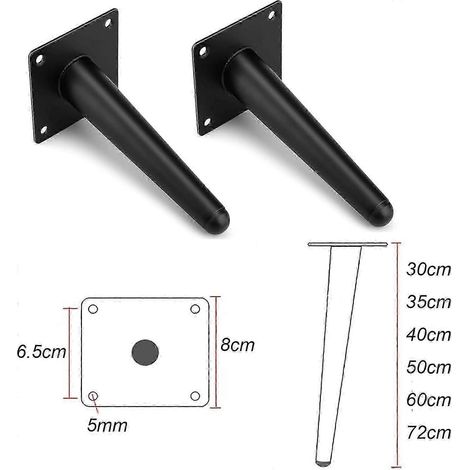 Ensemble de 4 pieds de meubles inclinés, noirs, pieds de table fuselés, pieds de canapé, avec vis, pieds d'armoire, résistants aux rayures et durables, adaptés aux meubles de moins de 50 cm. (1/5)