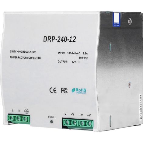 Alimentation LED régulée DR-240-12, transformateur à découpage rail DIN, série DR, 240W, tension réglable 12V, bloc d'alimentation pour armoire électrique, montage sur rail, modèle DR-240. (1/5)
