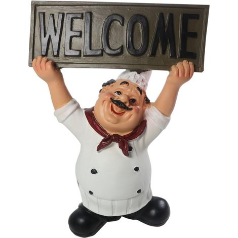 Figurine de chef italien décorative avec panneau de bienvenue, idéale pour la décoration de restaurants.