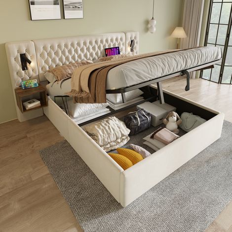 Cama canapé 180x200 cm con almacenamiento hidráulico, 2 mesitas, luces de lectura USB Type-C, terciopelo beige (1/5)