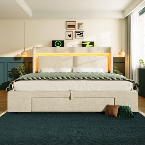 Bett Doppelbett 160x200 Stauraum LED USB Beige OKMYHOME (1/5)