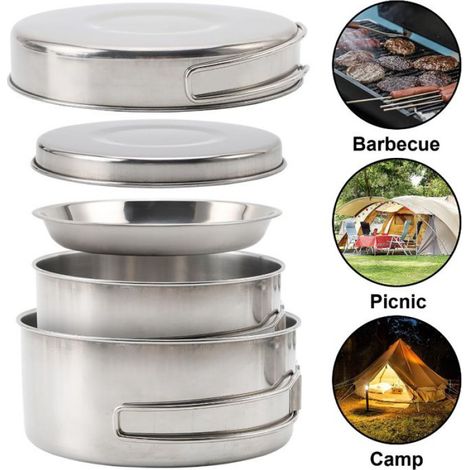 Casseroles De Camping - Acier Inoxydable - Pour 2 À 3 Personnes - 8 Pièces (1/5)