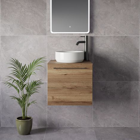 Napoli 390 Tobacco Oak 500mm Wall Mounted Single Drawer Vanity Unit for Countertop Basins - 500mm - Gunmetal Grey 320mm Handle