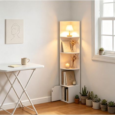 Meuble rangement d’angle 5 étagères 1 porte blanc HAVRYA (1/5)