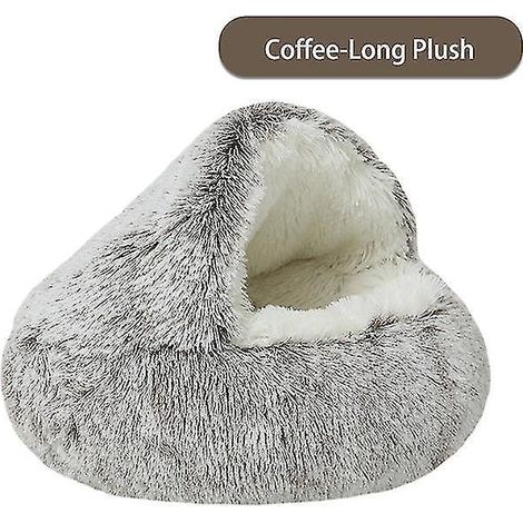 Nouveau lit d'hiver rond et chaud avec capuche pour chat et chien, niche douce et longue en peluche pour petits chiens et chats - 40 cm de long - couleur café (1/4)