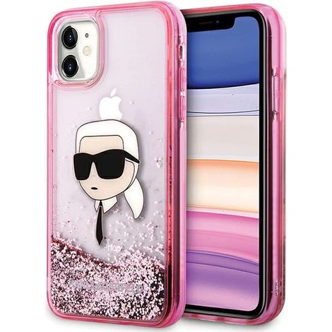 Funda rígida rosa/rosa con purpurina Karl Lagerfeld KLHCN61LNKHCP para iPhone 11/XR con cabeza de Karl (1/5)