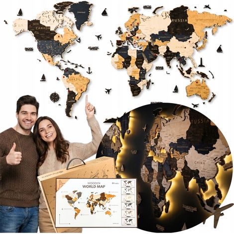 Carte du monde en bois avec effet LED 3D, détaillée, 105 cm, punaises, drapeaux, valise (1/5)