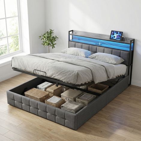 Letto contenitore 160x200, illuminazione LED RGB e porte USB/Type-C, letto matrimoniale sollevamento idraulico, testiera con contenitore integrato, lino, stile moderno(160x200cm, Grigio)
