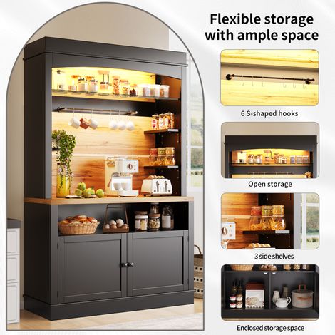Armoire de cuisine haute (107x43x184 cm), vitrine, enfilade avec éclairage LED, étagère ouverte, noir (1/5)