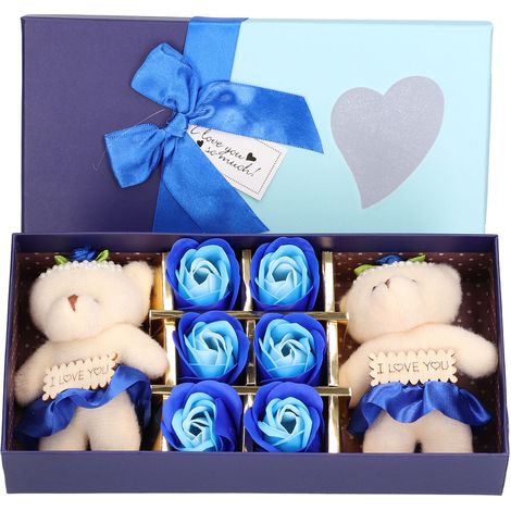 Ours en fleurs artificielles bleues, boîte cadeau pour Saint-Valentin, Fête des Mères, décoration mariage.