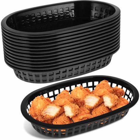 Lot De 12 Paniers De Restauration Rapide Noirs - Corbeille à Pain Ovale En Plastique RéUtilisable 23cm - Plateau Pour Burger Frites Hot Dog Sandwich Fruit Sweets - Accessoires Service Bbq (1/2)