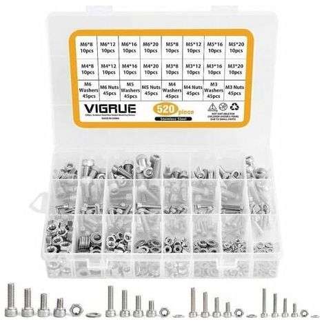 520 vis à tête hexagonale creuse en acier inoxydable M3 M4 M5 M6 avec écrous et rondelles assortis, kit complet pour assemblage mécanique (1/4)