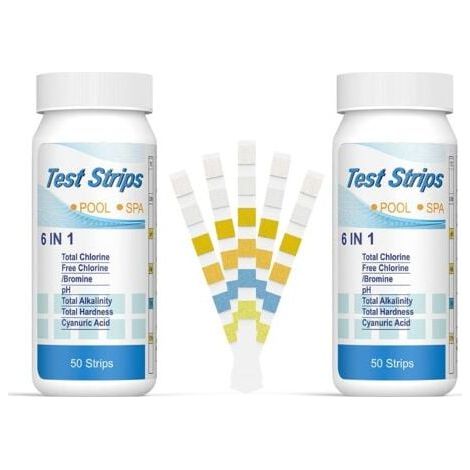 6 en 1 Bandelettes Piscine Brome Spa, Languettes Ph Piscine Bandes Test Qualité d'eau sur Chlore Brome Alcalinité Acide Cyanurique Dureté du Liquide Testeur Générale (100pcs) (1/4)