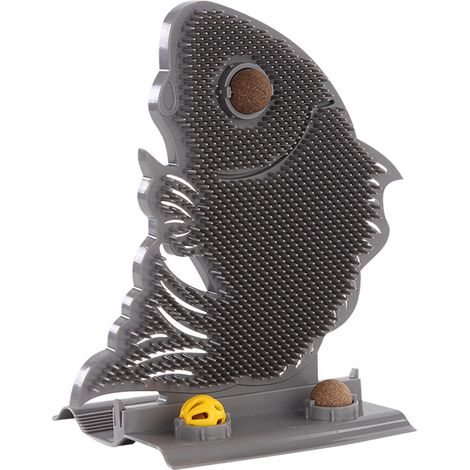 Brosse murale amovible pour chat, en forme de poisson, avec herbe à chat et clochette – Gris (1/4)