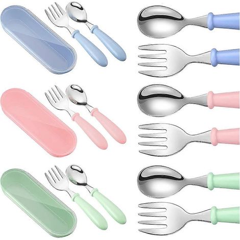 Ensemble de couverts pour enfants en acier inoxydable, fourchette et cuillère, couleur argent, pour une sécurité optimale. Ensemble de couverts pour enfants à manches ronds. (1/5)
