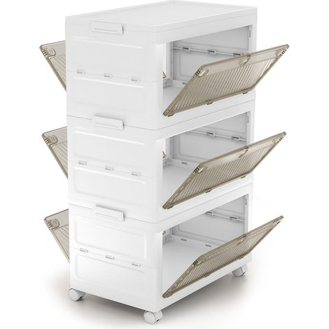 Costway – Boîte de rangement plastique 126 L – 3 caisses empilables avec couvercles – 4 roulettes dont 2 verrouillables – Accès facile par portes translucides (1/2)