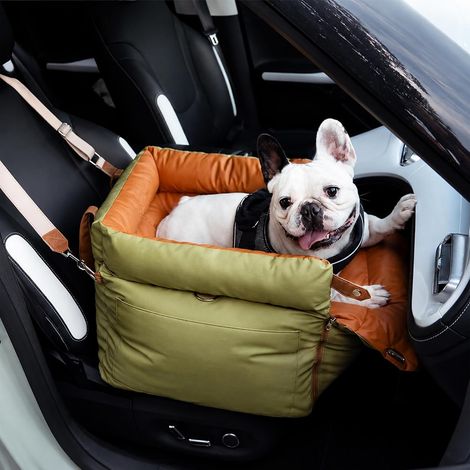 Waterproof Leather Dog Car Seat - Car Booster Seat for Small and Medium Dogs up to 16kg, Car Basket with Safety Lead, Non-Slip Base and Comfortable Cushion - Green (1/5)