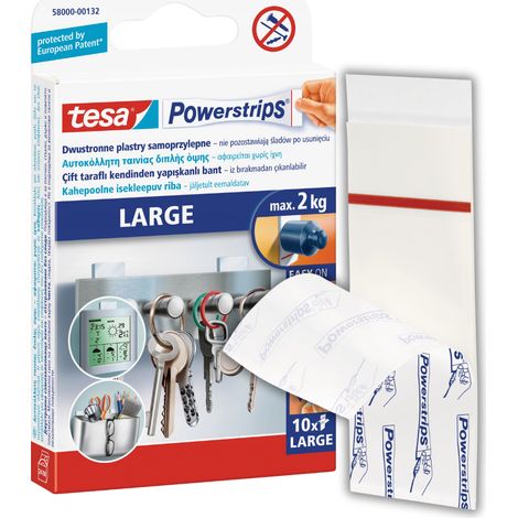 Strisce autoadesive TESA per montaggio, elevata capacità di carico fino a 2 kg, colore bianco, confezione da 10 pezzi.