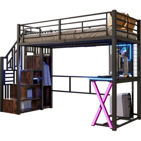 Lit mezzanine 90 x 200 cm avec bureau, échelle de rangement, penderie, étagères et éclairage d’ambiance noir, sans matelas, pour petit espace – CHICFURN (1/5)