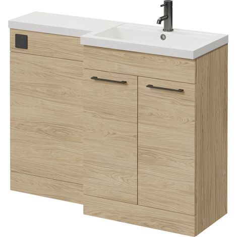 Napoli 390 Light Oak 1100mm 2 Door Vanity Unit Toilet Suite with Square Right Hand Lucia Basin - 1100mm - Gunmetal Grey 160mm HandleWithout Kingston Toilet Pan