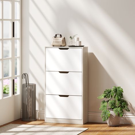 Schmaler Schuhschrank mit 3 Flügeltüren, Schuhregal für 18 Paar Schuhe im Eingangsbereich, 62,5 x 26 x 117,5 cm, Eiche und Weiß