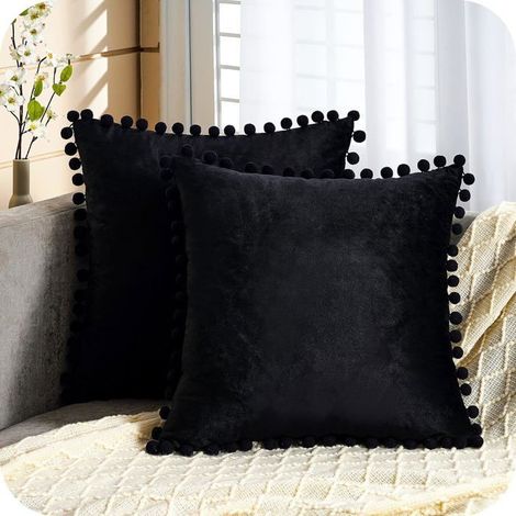 Lot de 2 Housses de Coussin Decoration Chambre Doux Carré en Velours Couleur Unie Housses de canapé,45x45cm,Noir (1/5)