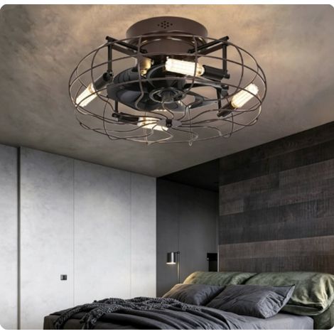 Cage Lustre avec Ventilateur de Plafond Télécommande Ampoule E27 50CM Ventilateur Plafond avec Lumière Vintage Fer 6 Vitesse Silencieux DC marron Réversible Chambre App Industrielle [Classe énergétiq (1/5)