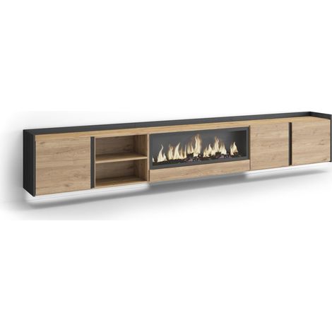 Skraut Home - Meuble TV, Banc Télé, Grand espace de Rangement, 315x35x50cm, Pour les TV jusqu'à 80", Cheminée électrique XXL, Suspendu, Mural, LED, Style moderne, Chêne et noir (1/5)