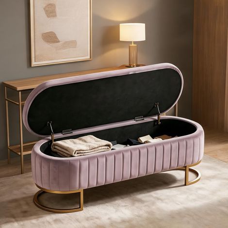 Banc de rangement en velours rose avec pieds dorés 130 cm (1/5)