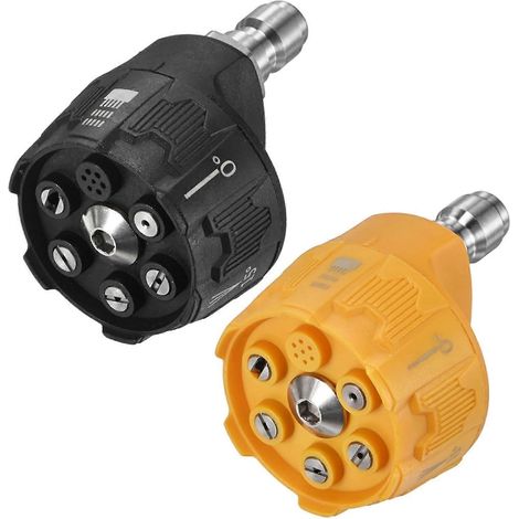 Lot de 2 embouts nettoyeur haute pression 6 en 1 raccord rapide 1/4" réglables interchangeables lavage voiture/nettoyage briques 30 GPM noir jaune (1/5)