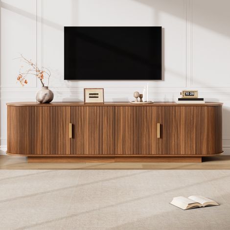 Meuble TV 180 cm avec 4 Portes à Motif Ondulé - poignée en métal, extérieur à rayures en bois, Meuble TV Moderne et Élégant pour Salon - Noyer