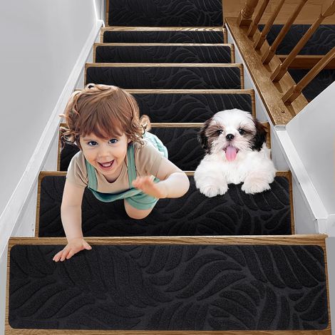Tapis Marche Escalier Intérieur Antidérapant 15pcs Surface Adhésif 20 x 65cm pour Enfants âgées Chiens (Noir Clair) (1/5)