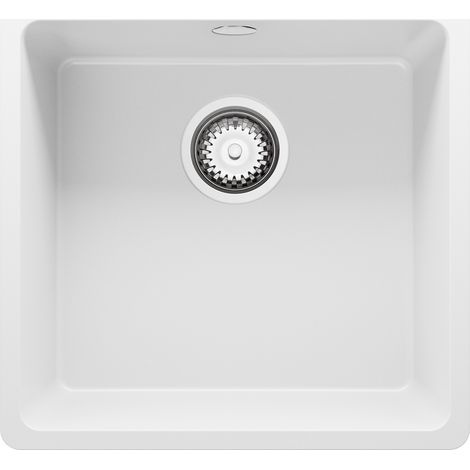 PRIMAGRAN Evier Sous Plan 46x44cm, Evier en Granit 1 bac + Kit de Vidage, Évier au meuble 50cm - Venise Easy, Blanc (1/5)