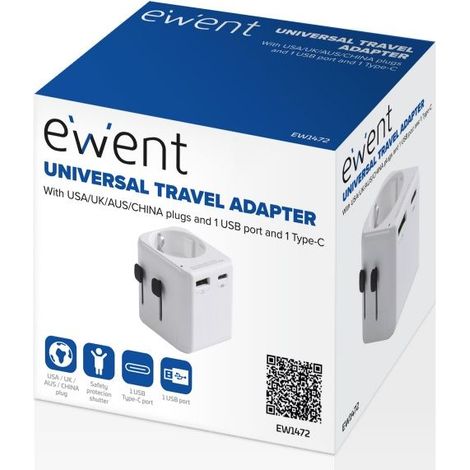 ADAPTADOR DE VIAJE EWENT PUERTO USB Y TIPO C USA/UK/AUS/CHINA