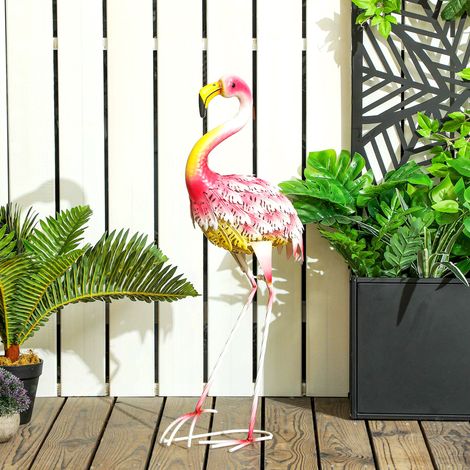 Statua da giardino in metallo a forma di fenicottero per esterni, ideale per decorare prato, patio o laghetto, dimensioni 27x14x60 cm, colore rosa. (1/5)