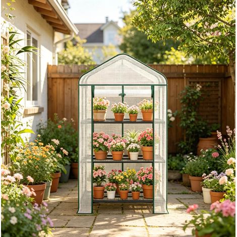 Serre de jardin 70x50x130 cm blanche en polyéthylène et acier avec étagères, roulettes et porte enroulable (1/3)