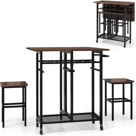 3 Piece Dining Table Set Extendable Kitchen Table 2 Stools w/ Wine Rack (1/5)