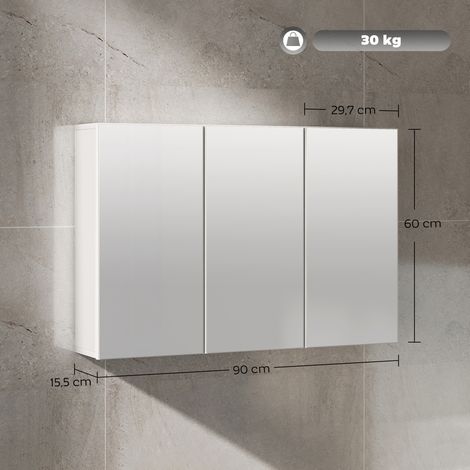 Armoire de salle de bain avec miroir, à 3 portes miroir, fixée au mur, 90 x 15,5 x 60 cm, panneaux de particules, blanc (1/5)