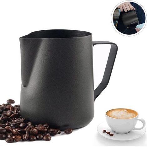 Jarra para espumar leche, Acero inoxidable, Jarra de leche, Jarras para espumar leche, Jarra para espumar leche y café, 350 ml, Barista, Negro (1/5)
