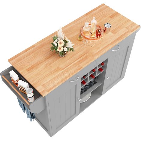 Îlot de cuisine moderne (102×45×92cm), meuble buffet, table multifonction avec rangement, grain de bois, gris. (1/5)