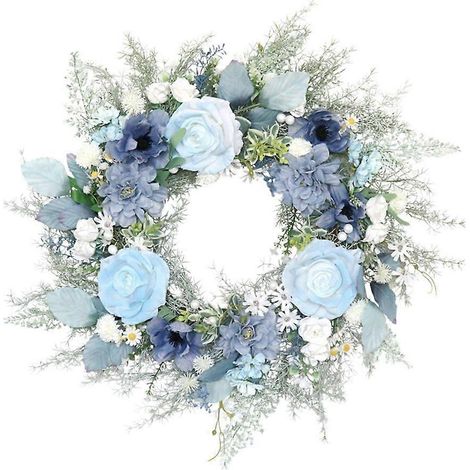 Couronne de roses artificielles de 50 cm (20 pouces) faite à la main, bleue, pour le printemps.