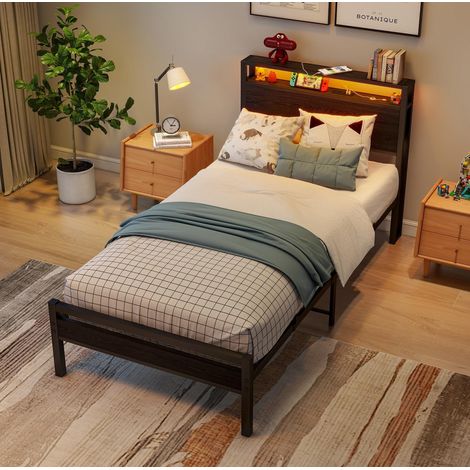 Metallbett 90x200 cm mit Stauraum, USB und LED, Schwarz, OKWISH (1/5)