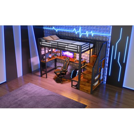 Lit mezzanine noir 90x200 cm en métal et MDF avec bureau, étagères, armoire-échelle (1/5)