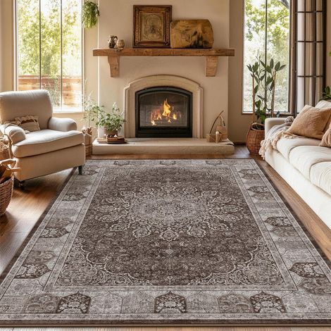 Tapis Vintage pour Salon 120x180 cm - Tissu Ras Court Doux, Lavable en Machine et Antidérapant, Tapis Oriental pour Salle à Manger, Chambre à Coucher et Chambre d'enfants,Marron Vintage (1/5)