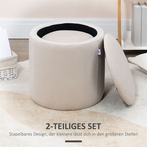 Lot de 2 poufs ottomans avec compartiment de rangement, revêtement doux effet velours côtelé, blanc cassé, 40 x 40 x 41 cm