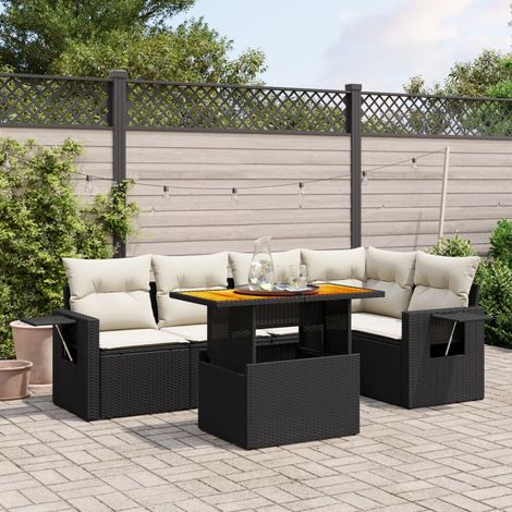 Ensemble Salon Jardin 6 Places Résine Tressée Noir avec Coussins Crème - Table Réglable, Modulaire et Lavable (1/3)