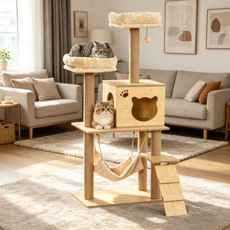 Árbol para gatos de madera suave, árbol para gatos, centro de actividades para gatos de varios niveles (solo con árbol para gatos) (1/5)